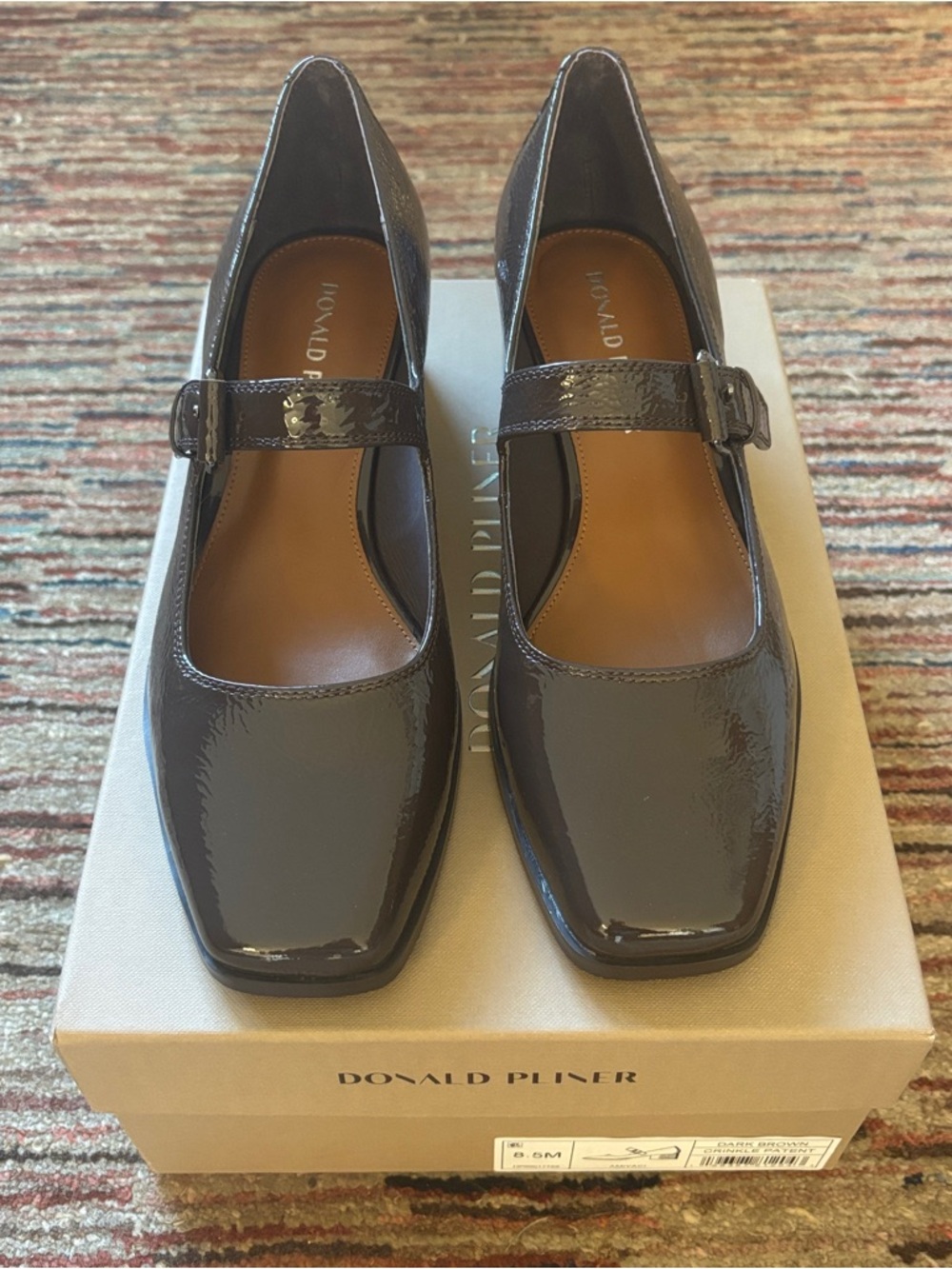 Donald Pliner Mary Jane Pump in Dark Brown Crinkle Patent Leather